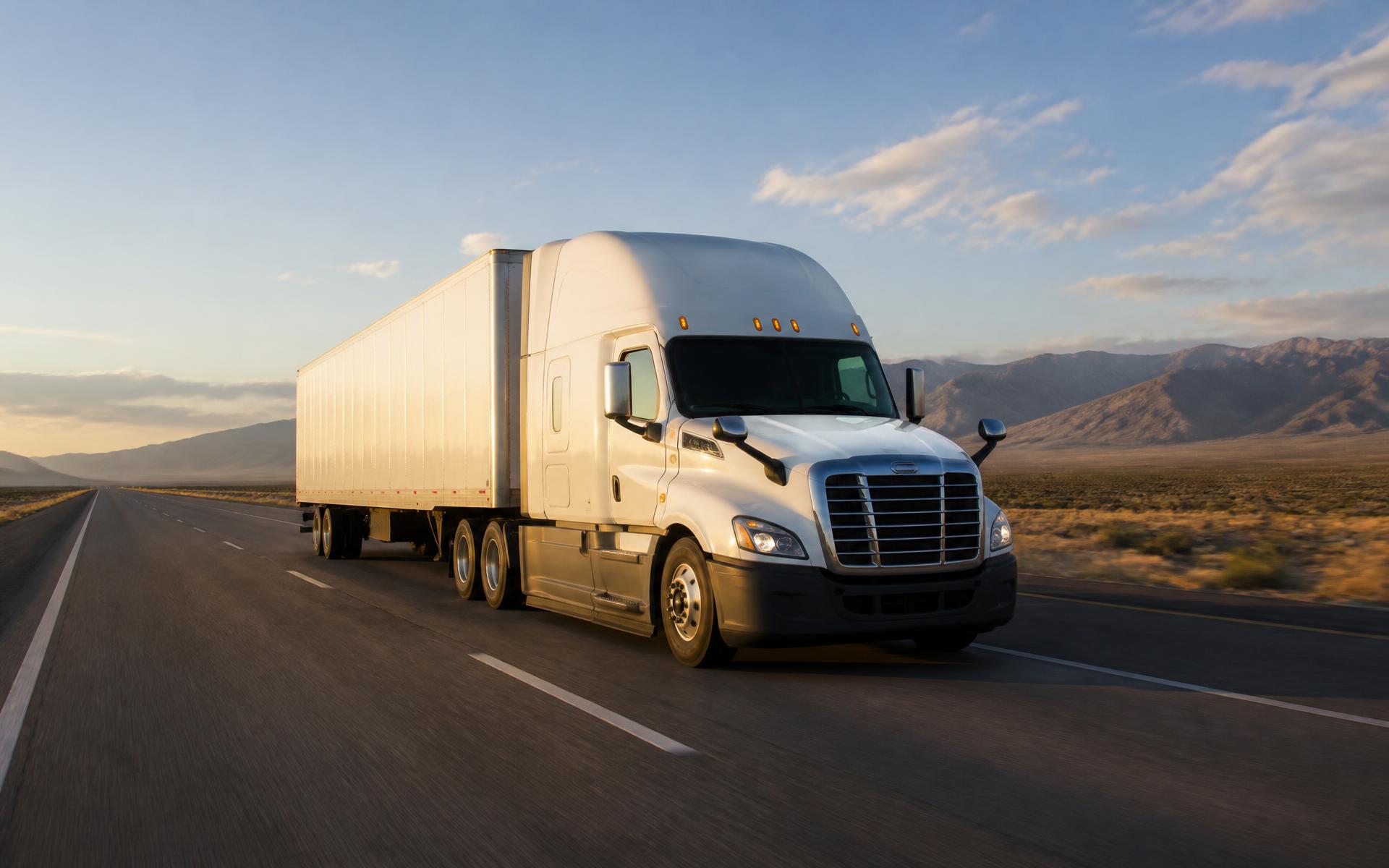 Long distance moving truck on an interstate highway at sunset