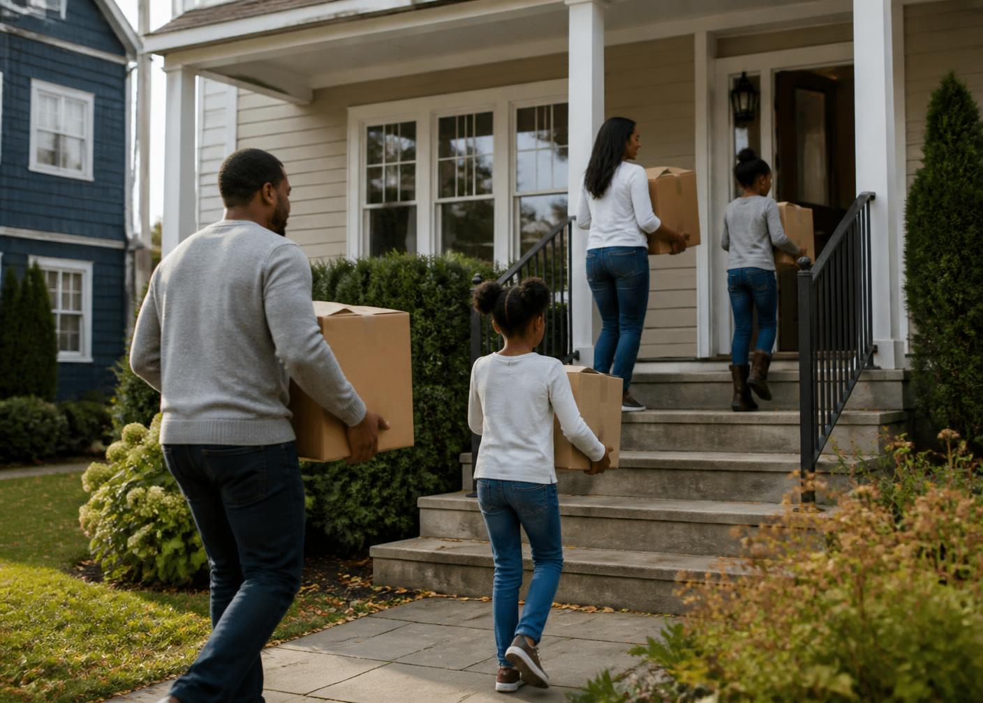Family carrying boxes into their new home